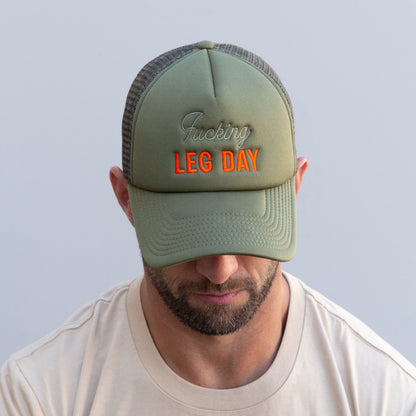 Embroidered Fucking Leg Day Foam Trucker // Forest Green